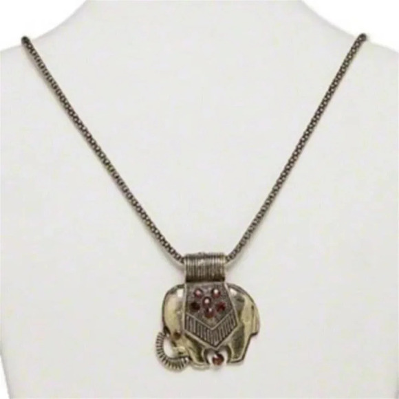 Antique Brass Bronze Metal and Crystal Indian Elephant Big Pendant Necklace - Picture 1 of 1